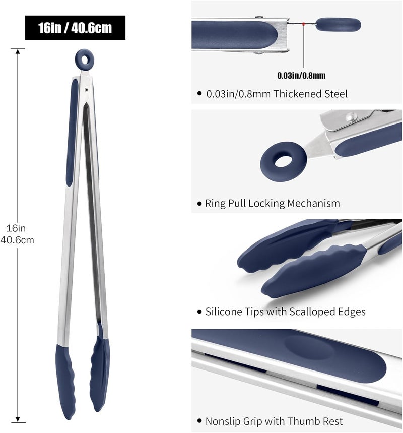 Doosu Kitchen Tongs for Cooking - 600°F Heat Resistant Food Tong with Non-Scratch Silicone Tips, Heavy Duty Stainless Steel Locking Tong for BBQ, Grilling Steak, Serving Salad Pasta (16in, Navy Blue) - Image 2
